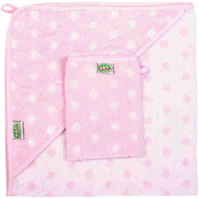 Kapuzenbadetuch und Waschlappen Set, Tupfen rose, 80 x 80 cm