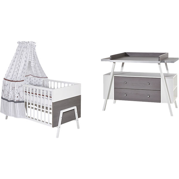 Sparset Holly Grey (Kombi-Kinderbett 70 x 140 cm, Umbauseiten und Wickelkommode), Dekor/Massivholz weiß, Holzdekor Lofteiche