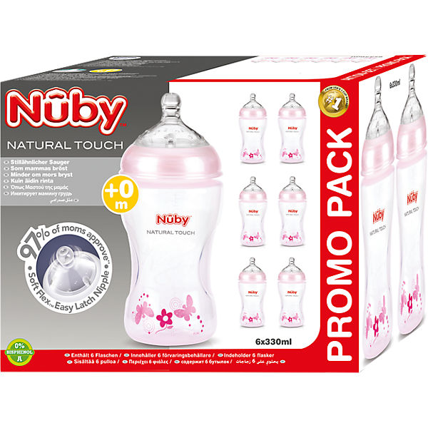 Weithals Flasche Natural Touch, PP, 330 ml, Silikonsauger, Gr. M., pink, 6er Pack