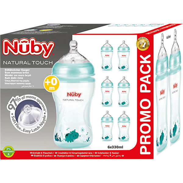 Weithals Flasche Natural Touch, PP, 330 ml, Silikonsauger, Gr. M., grün, 6er Pack