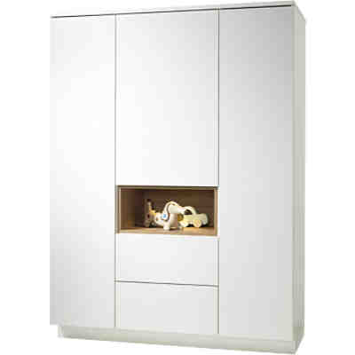 Kleiderschrank MALIE, 3-türig, Kristallweiß Hochglanz, Santhia Eiche