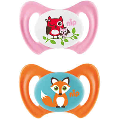 Schnuller Miss Denti, Silikon, Eule rosa/Fuchs orange, 2er Pack