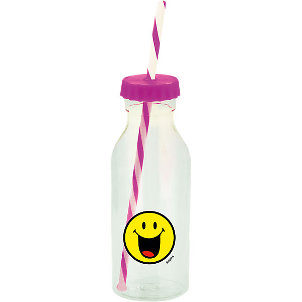 Smiley Sodaflasche mit Strohhalm, pink