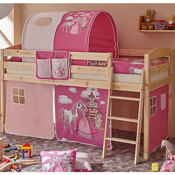Hochbett Eric H, Kiefer massiv, natur, Pferde pink