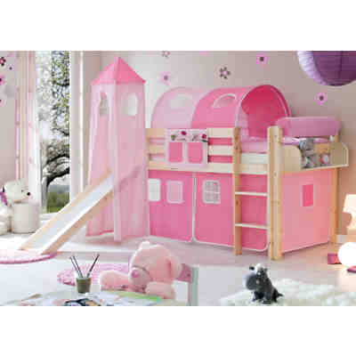 Spielbett mit Turm Kasper, Kiefer massiv, natur, rosa-pink
