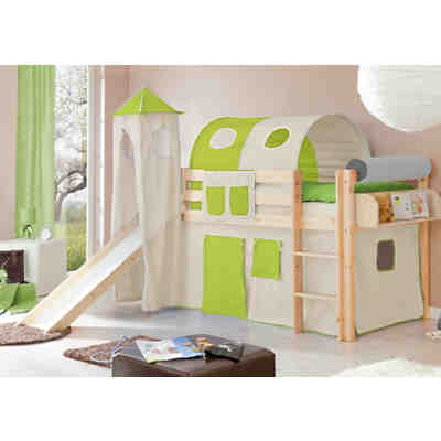 Spielbett mit Turm Kasper, Kiefer massiv, natur, beige-grün