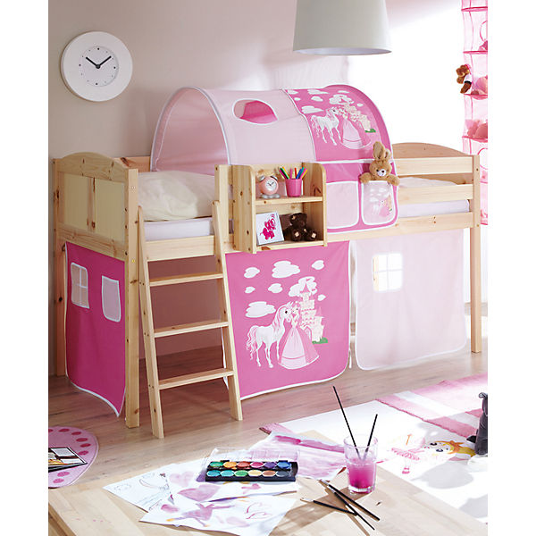 Hochbett Eric Country, Kiefer massiv natur, Pferde pink