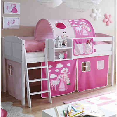 Hochbett Eric Country, Kiefer massiv, weiß, Pferde pink, 90 x 200 cm