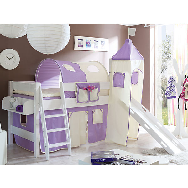 Spielbett mit Turm Kenny G, Kiefer massiv, weiß, lila-beige