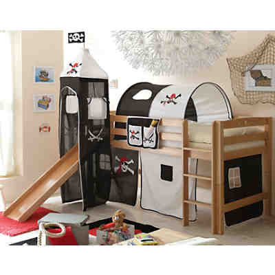Spielbett mit Turm Toby R, Buche massiv, natur, Pirat schwarz-weiß, 90 x 200 cm