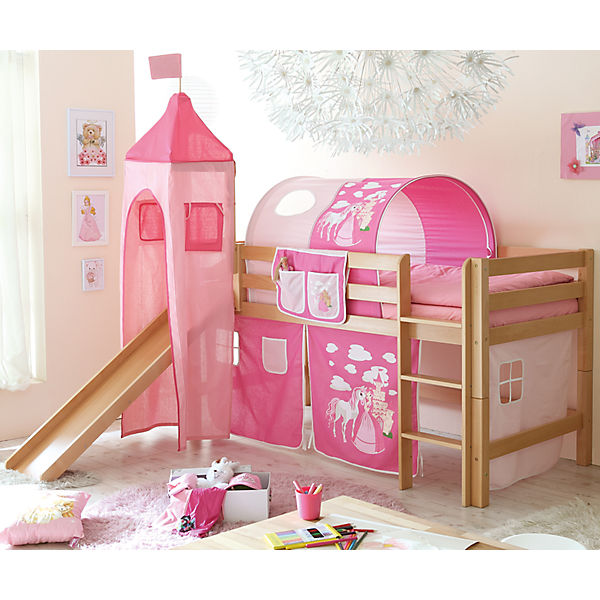 Spielbett mit Turm Toby G, Buche massiv, natur, Pferde pink