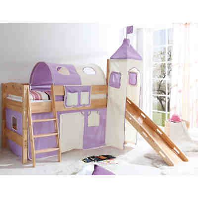 Spielbett mit Turm Kenny R, Buche massiv natur, lila-beige