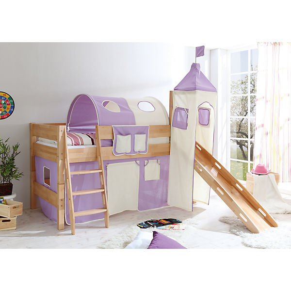 Spielbett mit Turm Kenny G, Buche massiv, natur, lila-beige