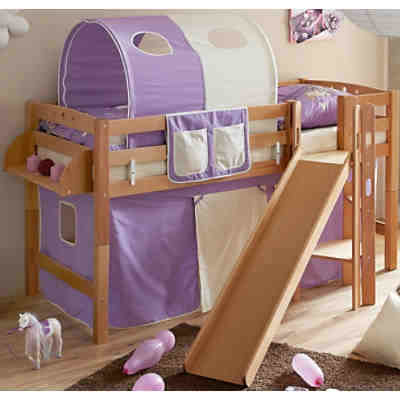 Spielbett mit Podest Tino, Buche massiv, natur, 90 x 200 cm, lila-beige