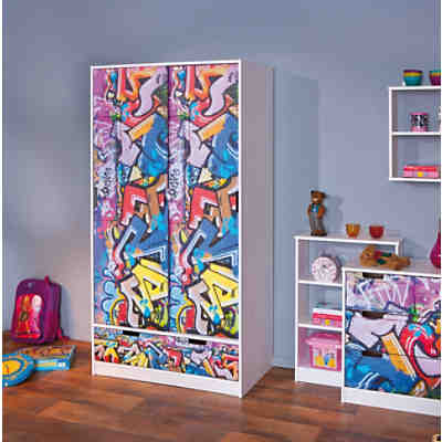 Schiebetürenschrank Graffiti, 2-türig., Kiefer massiv, mehrfarbig