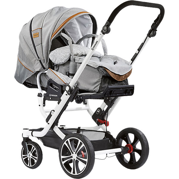 Kombi Kinderwagen F6 Air+ inkl. C1-Lift Tragetasche, Gestell weiß, steingrau/ Kunstleder cognac/ Muster, 2017