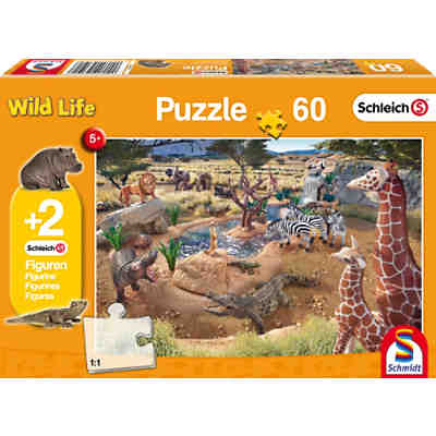Puzzle 60 Teile An der Wasserstelle Schleich + 2 Schleich®-Figuren