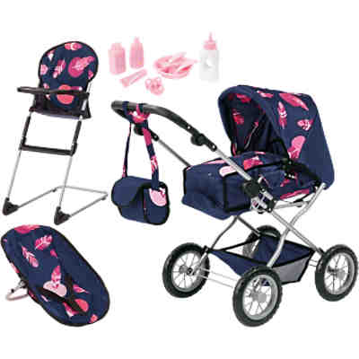 Set Kombi-Puppenwagen Grande mit Feder-Print und Puppenzubehör wie, Hochstuhl und Trageschale