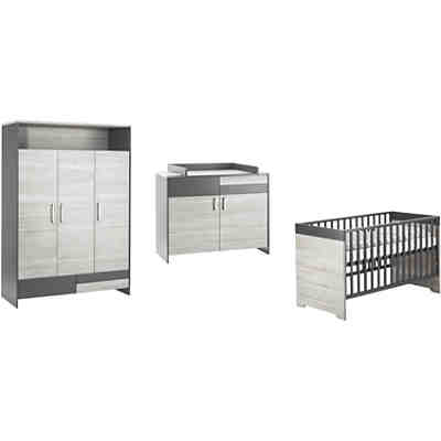 Komplett Kinderzimmer Clou, 3-tlg.(Kombi-Kinderbett 70x140, Umbauseiten, Wickelkommode mit Wickelaufsatz und Kleiderschrank 3-trg.), teilmassiv, anthrazit/Suomi Pinie 2