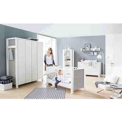 Sparset Milano Pinie, 2-tlg. (Kombi-Kinderbett 70x140 cm, Umbauseiten und extra breiter Wickelkommode mit Wickelaufsatz), Buche teilmassiv, Pinie silberfarbig/weiß