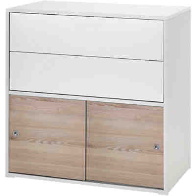 Kommode Clic, Push-to-Open, weiß/Holzdekor Pinie, 2-türig und 2 Schübe