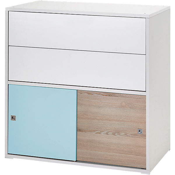 Kommode Clic, Push-to-Open, weiß/türkis/Holzdekor Pinie, 2-türig und 2 Schübe