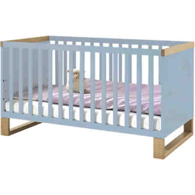 Kinderbett Benno mit Kufe Riviera Eiche-Nachbildung / Pacific Blau Hochglanz