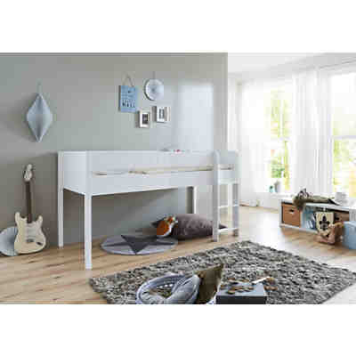 Halbhochbett LUKA inkl. Rollrost, MDF/Buche massiv, weiß lackiert, 90 x 200 cm