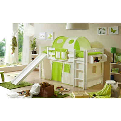 Spielbett Theo R, Buche massiv, weiß lackiert, beige-grün, 90 x 200 cm