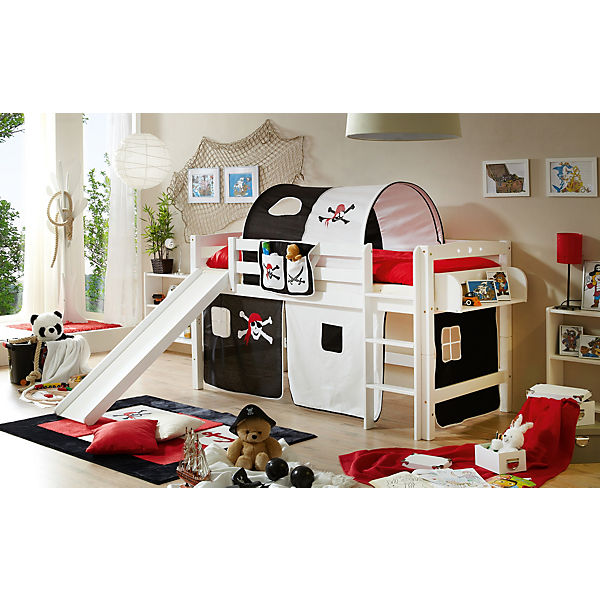Spielbett Theo R, Buche massiv, weiß lackiert, Pirat, schwarz-weiß, 90 x 200 cm