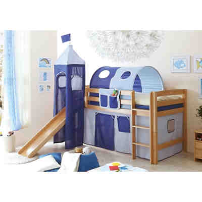 Spielbett mit Turm Toby R, Buche massiv, natur lackiert, hellblau-dunkelblau, 90 x 200 cm