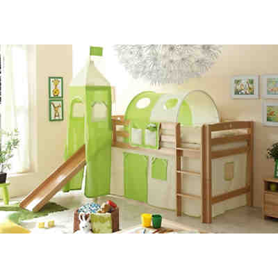 Spielbett mit Turm Toby R, Buche massiv, natur lackiert, beige-grün, 90 x 200 cm