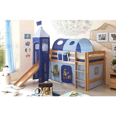 Spielbett mit Turm Toby R, Buche massiv, natur lackiert, Pirat, hellblau-dunkelblau, 90 x 200 cm