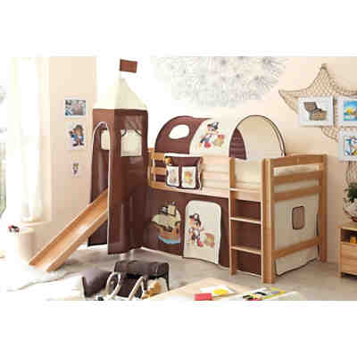 Spielbett mit Turm Toby R, Buche massiv, natur lackiert, Pirat, braun-beige, 90 x 200 cm