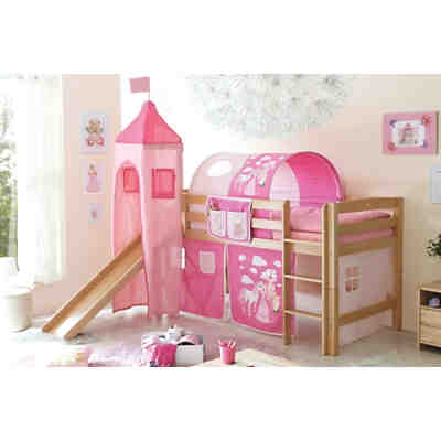 Spielbett mit Turm Toby R, Buche massiv, natur lackiert, Horse pink, 90 x 200 cm