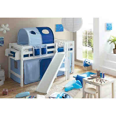 Spielbett Tino, Buche massiv, weiß lackiert, hellblau-dunkelblau, 90 x 200 cm