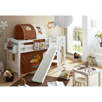 Spielbett Tino, Buche massiv, weiß lackiert, Pirat, braun-beige, 90 x 200 cm