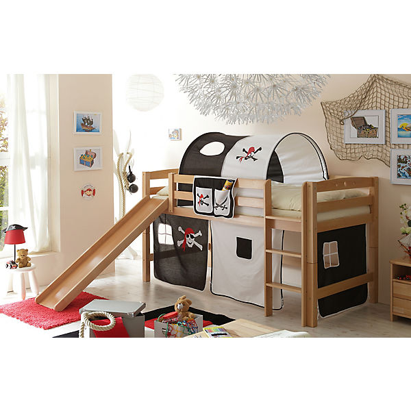 Spielbett Theo R, Buche massiv, natur lackiert, Pirat, schwarz-weiß, 90 x 200 cm