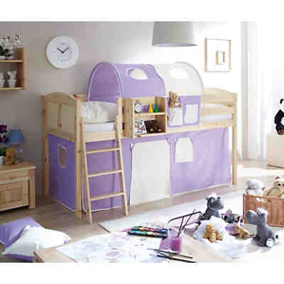 Hochbett Eric Country, Kiefer massiv, natur lackiert, lila-beige, 90 x 200 cm