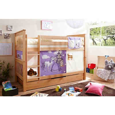 Etagenbett Sammy, Buche massiv, natur lackiert, Horse lila, 90 x 200 cm
