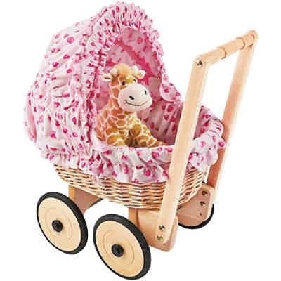 Korbpuppenwagen Mona inkl. Bettzeug Dessin Herzchen rosa