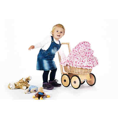 Korbpuppenwagen Mona inkl. Bettzeug Dessin Herzchen rosa 2