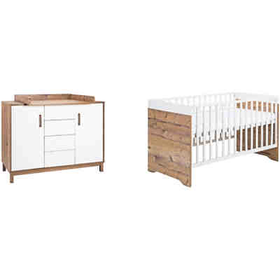 Sparset Timber, 2-tlg. (Kombi-Kinderbett 70 x 140 cm, Umbauseiten und Wickelkommode), weiß/grau lackiert, Holzdekor Bramberg Fichte