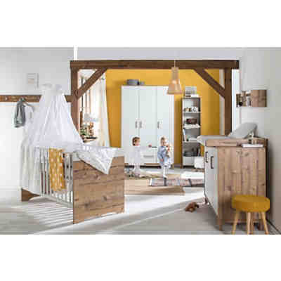 Sparset Timber, 2-tlg. (Kombi-Kinderbett 70 x 140 cm, Umbauseiten und Wickelkommode), weiß/grau lackiert, Holzdekor Bramberg Fichte 2
