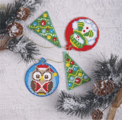 Алмазная мозаика Фрея "Сова и елочка" 4 новогодние игрушки, 8х9 см