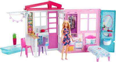 Barbie Ferienhaus Mit Mobeln Und Puppe Blond Puppenhaus Mit Zubehor Barbie Mytoys