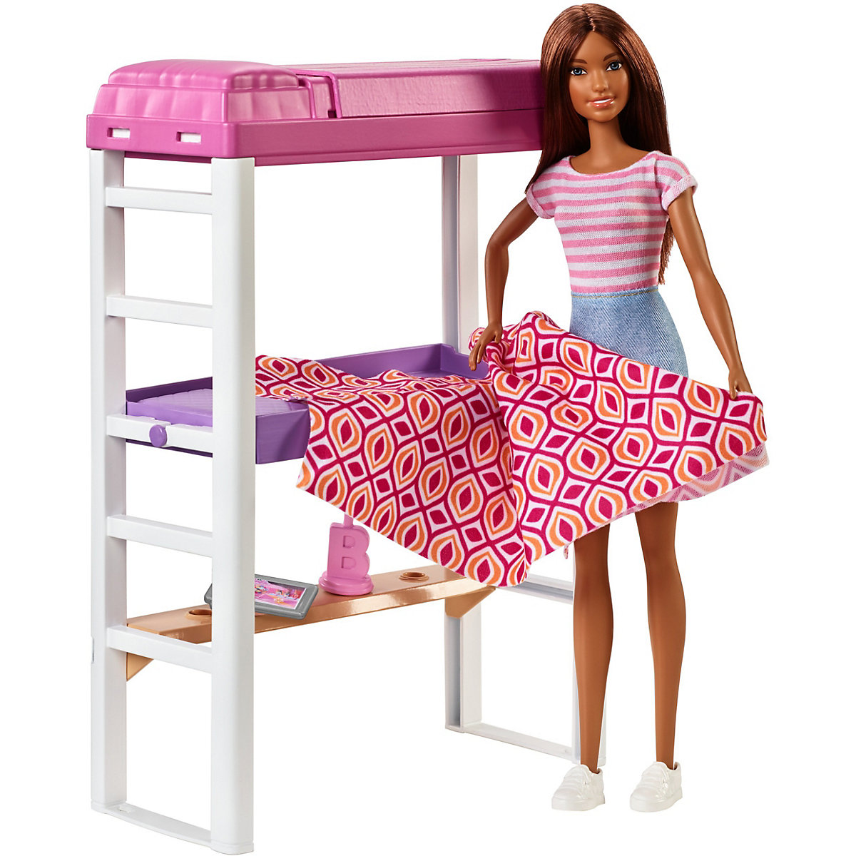 Barbie Möbel-Spielset Deluxe Hochbett mit Schreibtisch und Puppe (brünett)