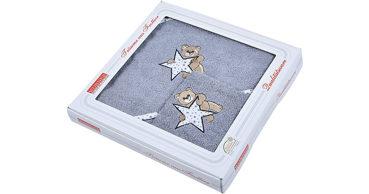 Wörner · Set Kapuzen-Badetuch 80 x 80 cm & Waschhandschuh 15 x 21 cm, Teddy & Stern, grau Wörner · Set Kapuzen-Badetuch 80 x 80 cm & Waschhandschuh 15 x 21 cm, Teddy & Stern, grau