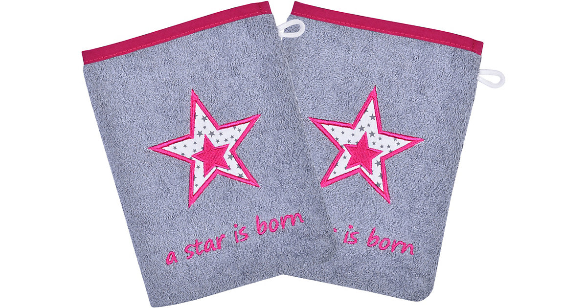 Wörner · Waschhandschuh 2er Set, Star, grau/fuchsia, 15 x 21 cm Wörner · Waschhandschuh 2er Set, Star, grau/fuchsia, 15 x 21 cm