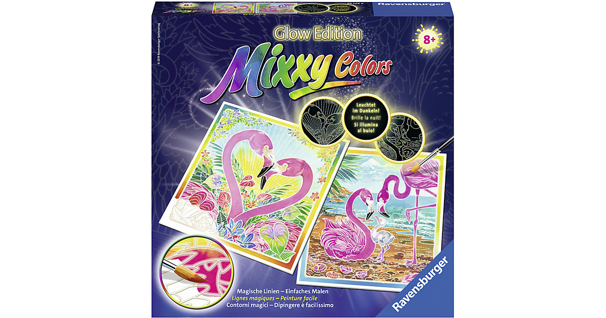 2er-Set Malset Mixxy Colors Glow, 25x25 cm, mit Leuchtfarbe, Flamingos